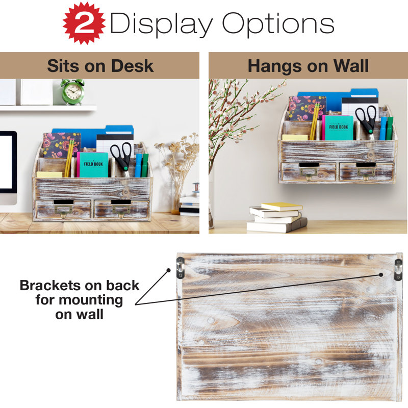Rustic Brown Wood Multifunction Desk Organizer with Drawers
