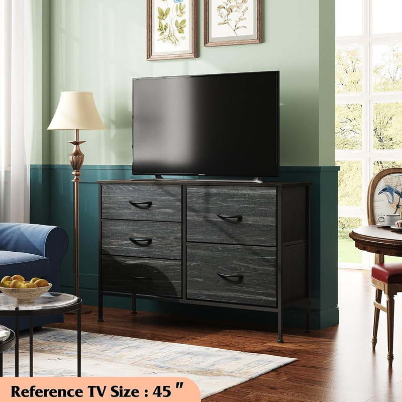 Commode en tissu noire à 5 tiroirs - Commode de rangement large avec structure en acier