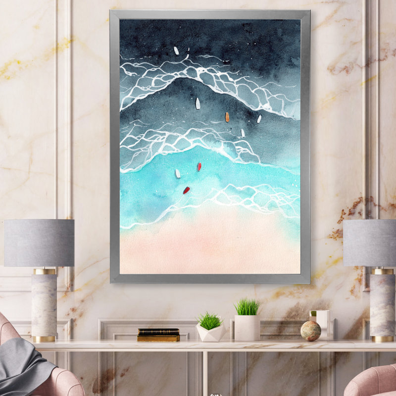 Vue aérienne des vagues de l'océan tropical - Peinture sur toile, H 44 po x l 34 po x P 1,5 po, Cadre photo argenté