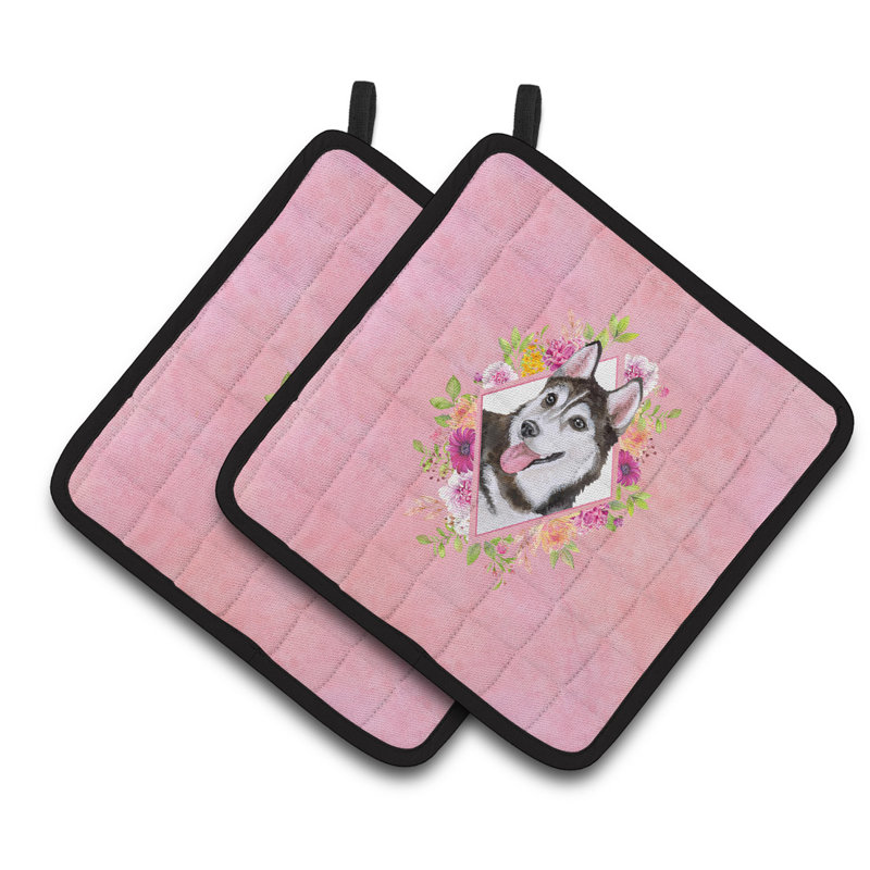 Ensemble de cuisinier poignée 2 pièces caroline trésors sheltie, Rose, Husky de Sibérie gris