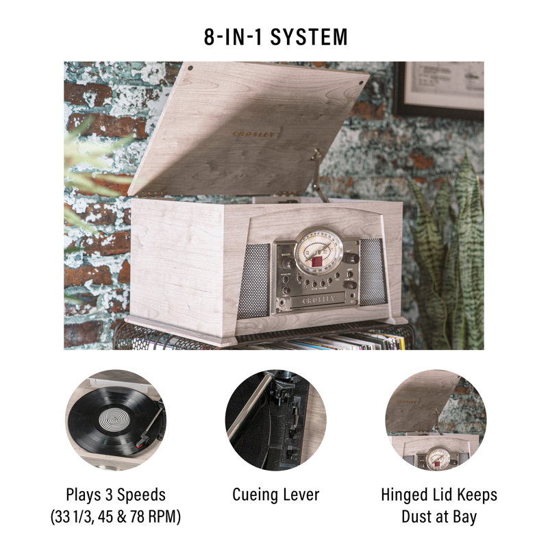Gray Vintage 8-in-1 Wood Record Player with AM/FM Radio