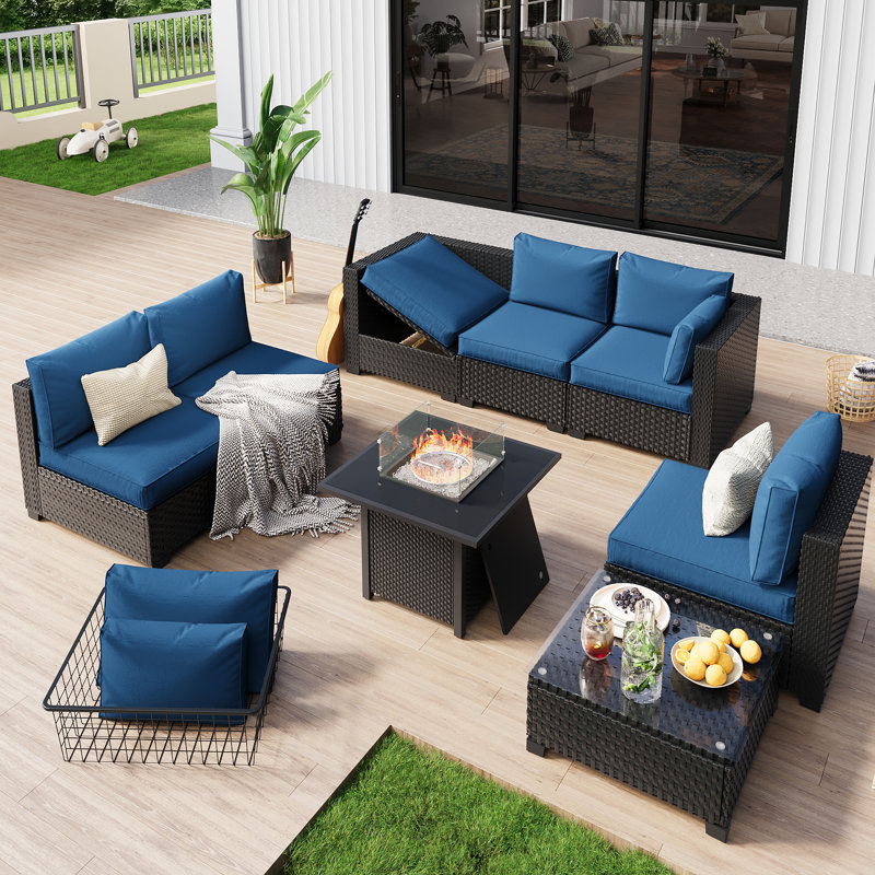 Fully Assembled Chairs, 6-Person Patio Conversation Set Black Chaise Lounge Modular Seating Outdoor Furniture With Fire Pit