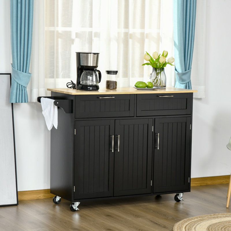 Îlot de cuisine mobile avec rangement, chariot de cuisine avec plateau en bois, tiroirs de rangement, armoires à 3 portes, tablettes réglables et porte-serviettes, noir