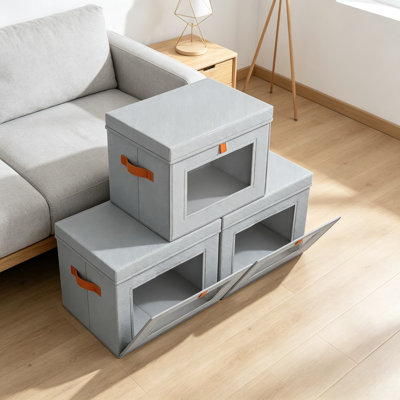 Storage Bins with Lids, Front Opening Box with Clear Window and Handles, Stackable Foldable Fabric Bins for Closet Organization, Clothes, Towels, Blankets, 3 Pack, Gray