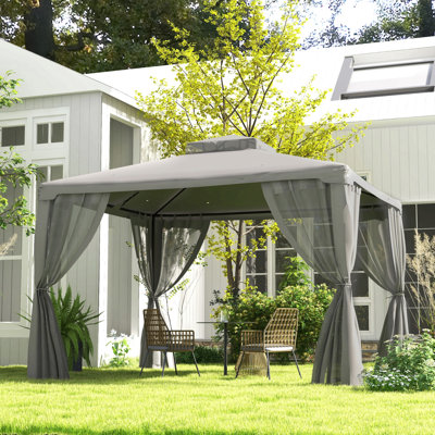 Pavillon de jardin de 9,6 pi x 11,6 po Outsunny, abri de jardin avec toit à 2 niveaux et filet, structure en acier pour le jardin, la pelouse, la cour et la terrasse, taupe