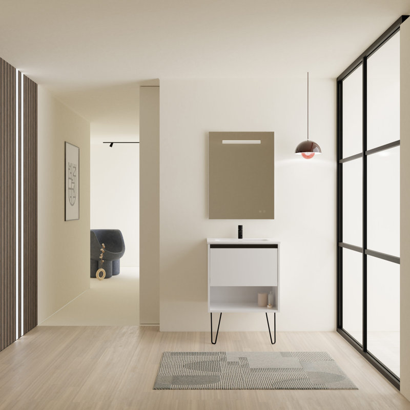 800mm Wall Hung Single Vanity Unit, White, Sanded Oak