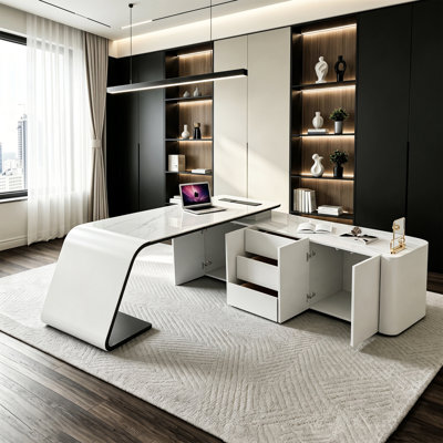78.74" Modern Curved Cantilever Executive Desk with Movable Side Storage Cabinet, White Faux Marble Top with Built-In Power Outlet, All-White Minimalist Office Desk with Drawers & Doors for Home Office