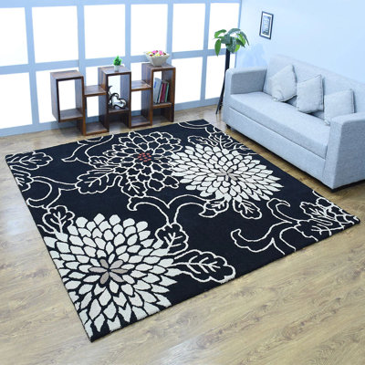 Tapis écologiques en laine touffetés à la main - carrés, de couleur noire, de conception orientale, de tapis épais antidérapants faits à la main pour le salon, la chambre à coucher