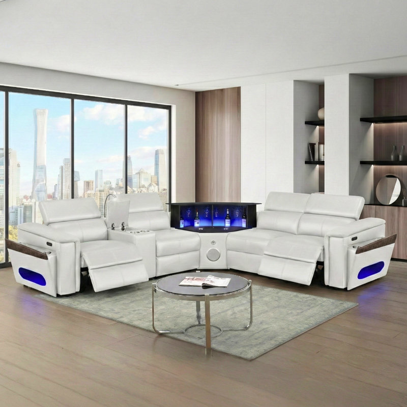 Canapé modulaire en L 4 blanc, revêtement en similicuir, structure en bois, siège mi-ferme, 2 appuis-tête réglables manuellement, coussin de recharge sans fil, ports, haut-parleur, barre éclairée à DEL, rangement pour accoudoirs 4