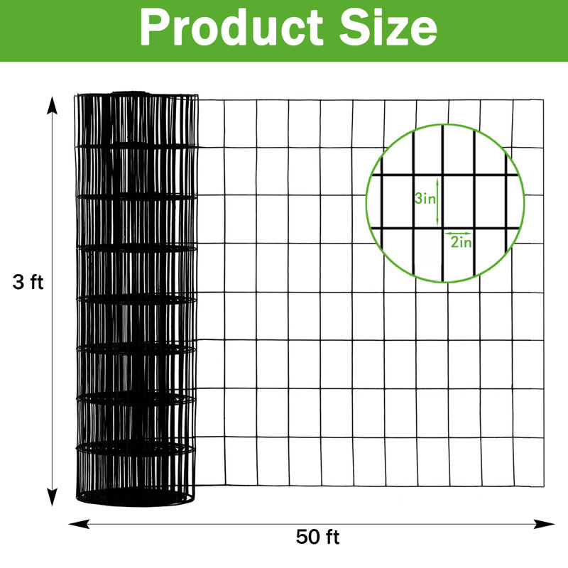 Clôture en treillis soudé en vinyle noir 36 po x 50 pi, 2 po x 3 po, calibre 16