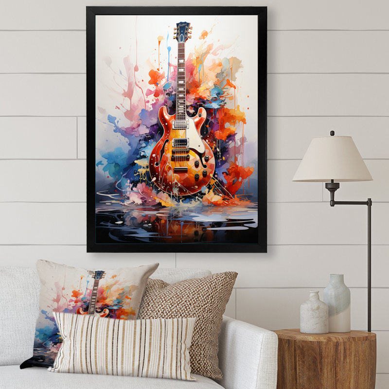 Laspisa Dry Watercolor Fire Guitare I - musique, art mural, H 20 po x l 12 po x P 1 po, Cadre simple noir