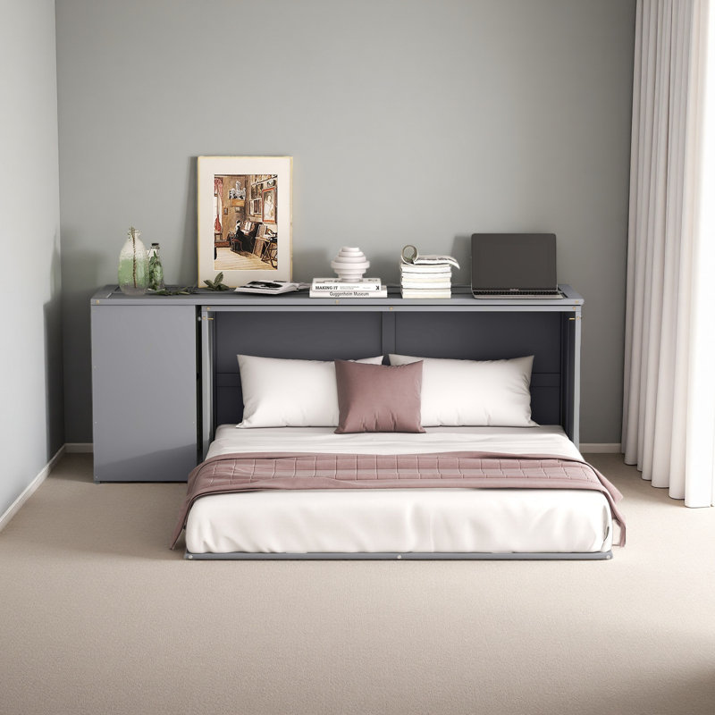 Grand lit escamotable avec bureau rotatif, Gris