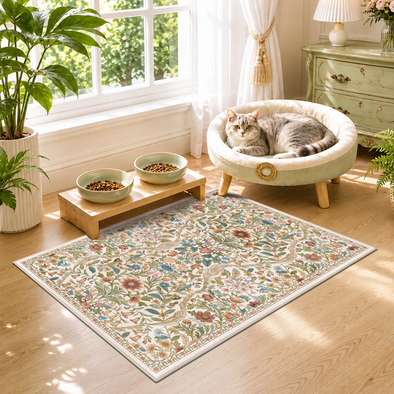 Washable Area Rug - Vintage Boho Botanical Low-Pile Rug, Rectangle 2' x 3', Beige/Ginger