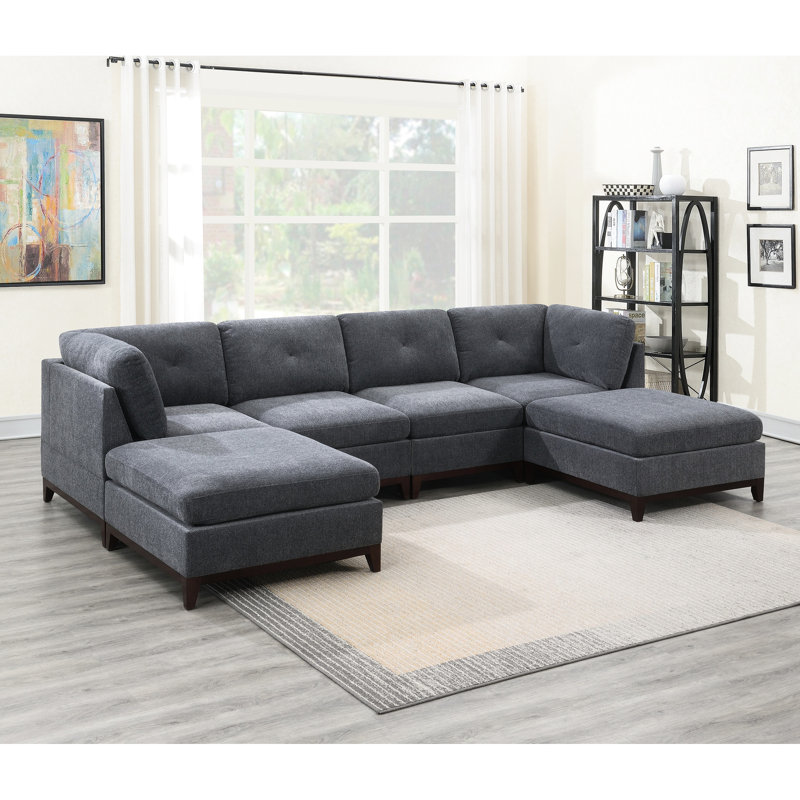 Canapé modulaire 6 pièces avec chenille et coussin en tissu gris cendré