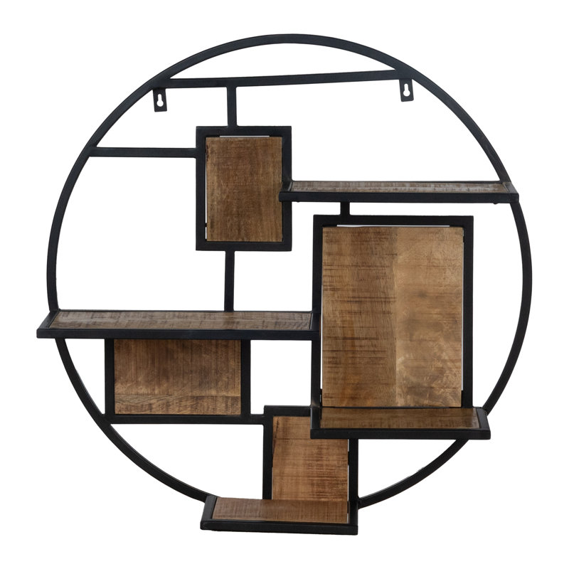 Mango Wood 30" Round Floating Wall Shelf, Industrial Accent Shelves