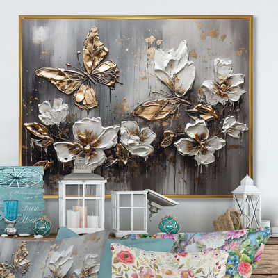 Rozalynn Golden White Butterfly Wings and Flowers III - Art mural encadré floral
