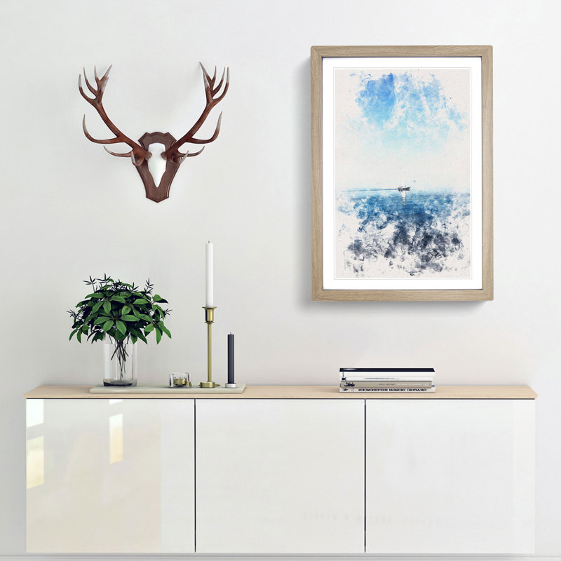 Solo Sailing Boat Across the Sea - Picture Frame Graphic Art Print, Oak Framed, 63cm H x 45cm W x 2cm D