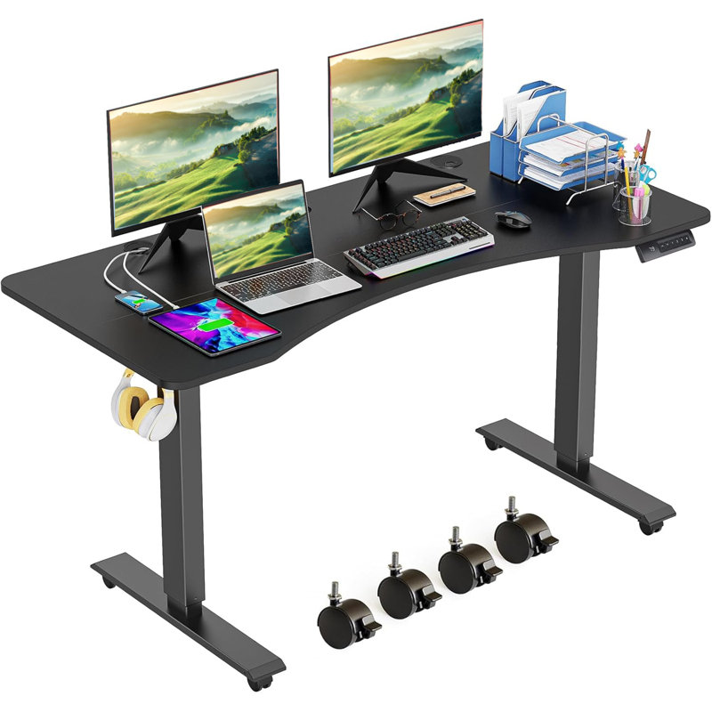 Kashif Electric Height Adjustable Standing Desk with  4 Lockable Casters, 2 Hooks, 27" H x 55" W x 24" D, Black/Black