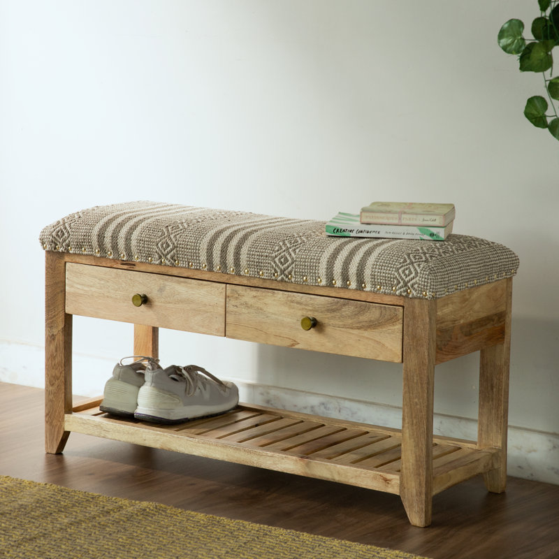 Iyaas Cotton Upholstered Storage Bench, Beige/White