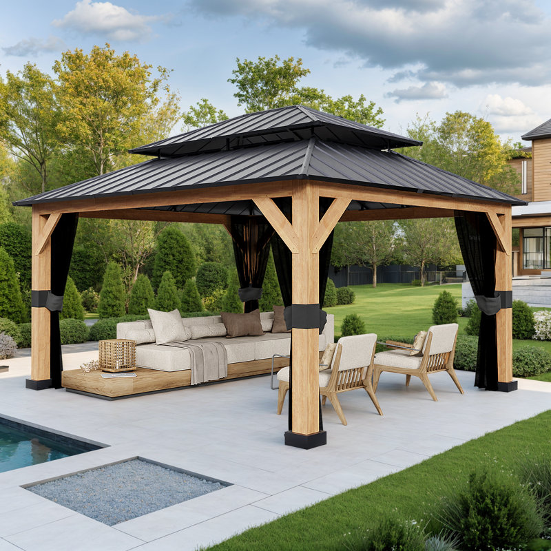 Joyside 13' x 11' Solid Wood Gazebo with Double Roof & Privacy Netting Garden & Patio