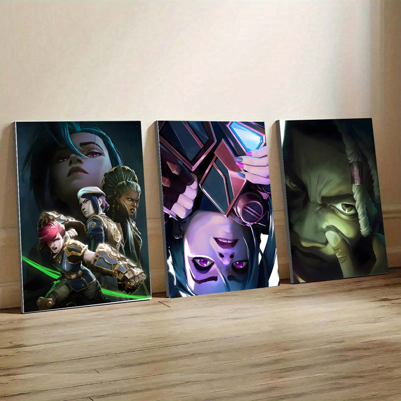 3PCS Wall Arts Posters Framed, Arcane League of Legends Canvas Wall Art Collection - Jinx Vi Caitlyn Jayce Silco Character Prints for Gaming Room Decor Modern Fantasy Artwork Home Decorations Posters for Gamers and Fans