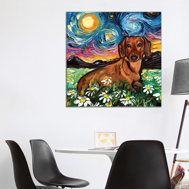 Daisy Dachshund Night by Aja Trier - Painting on Canvas, 93.98 cm H x 93.98 cm W x 3.175 cm D, Wrapped Canvas