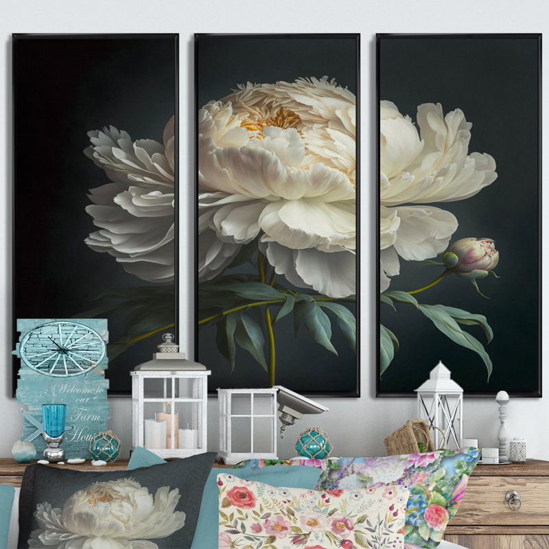 Blooming White Peony V - Blooming White Peony V - reproduction de cadre flottant sur toile 3 pièces, Cadre noir
