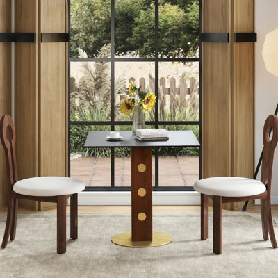 Modern Sintered Stone 33.5" Kitchen Table With Wooden Leg And Gold - Finished Base, For 2 Person Chatting In Small Spaces Modern, Stone, Table, Solid Leg, Quilting, Home