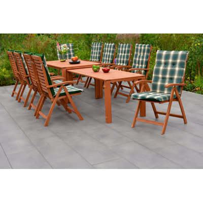 Meservey 10 - Person Wood Patio Dining Set with Extendable Rectangular Table , Cushions Included
