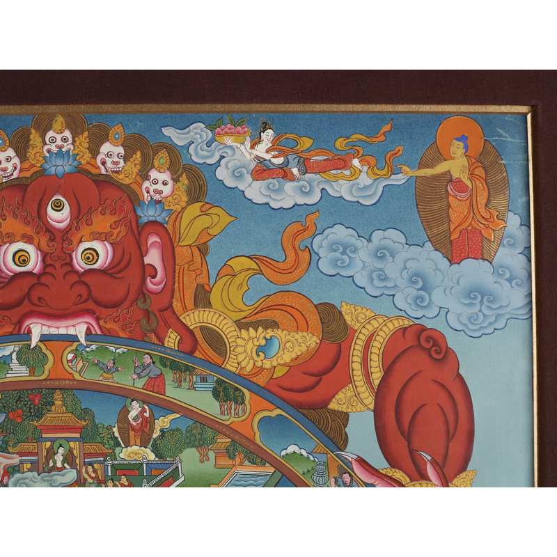 Roue tibétaine de la vie (Brocadeless Thangka) | Aquarelle sur coton