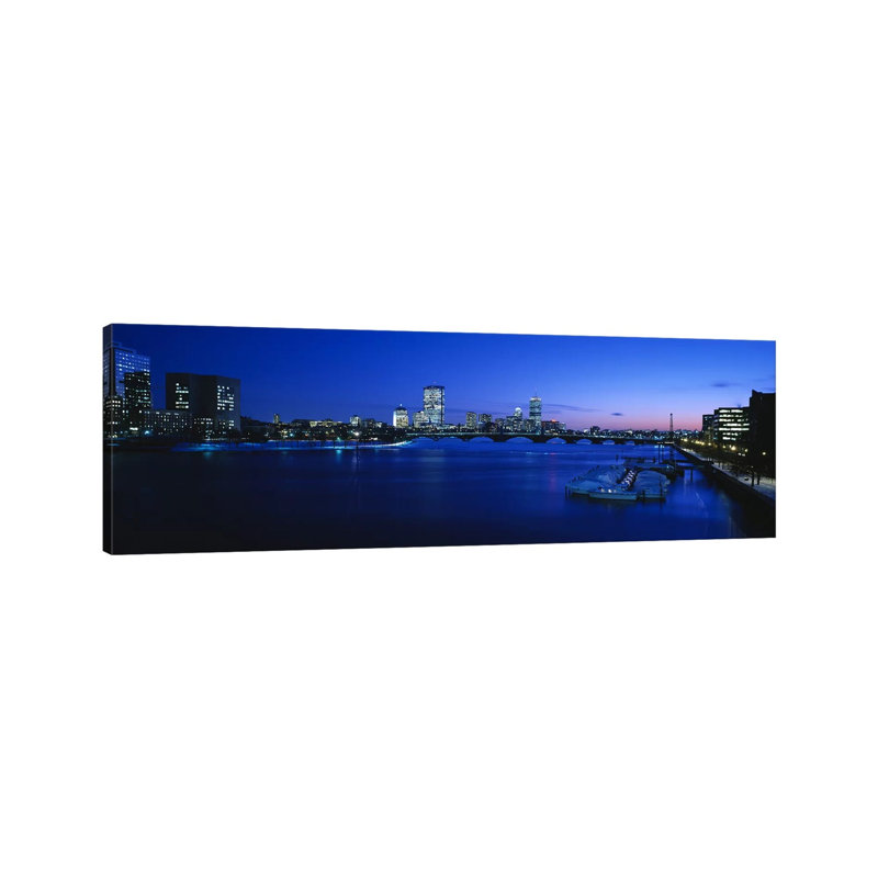 Buildings Lit Up At Dusk, Charles River, Boston, Massachusetts, USA - Wrapped Canvas Panoramic Print