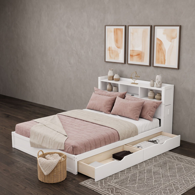 Lit plateforme 2 tiroirs avec tablettes, lumière DEL et armoire, Queen, Blanc