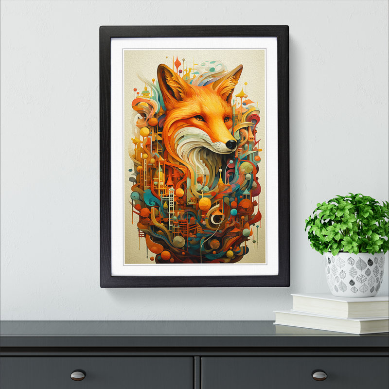 Fox Orphism - Single Picture Frame Print on Wood, Black, 34cm H x 25cm W x 2cm D