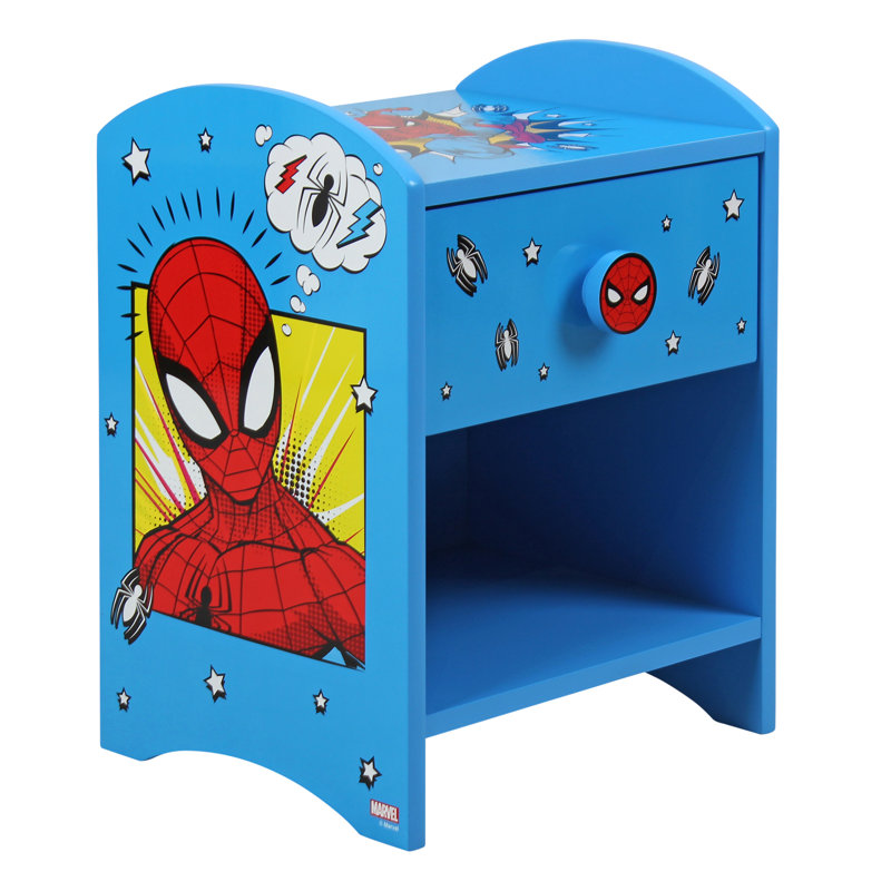 Spider-Man Bedside Table: Sturdy Engineered Wood Construction featuring a 2-tier Design for Ample Storage, Small Side Table with Drawer and Storage Shelf for Kid's Bedroom