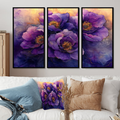 Lavande dorée, pivoines, fleurs, sérénité II - pivoines, art mural - 3 panneaux
