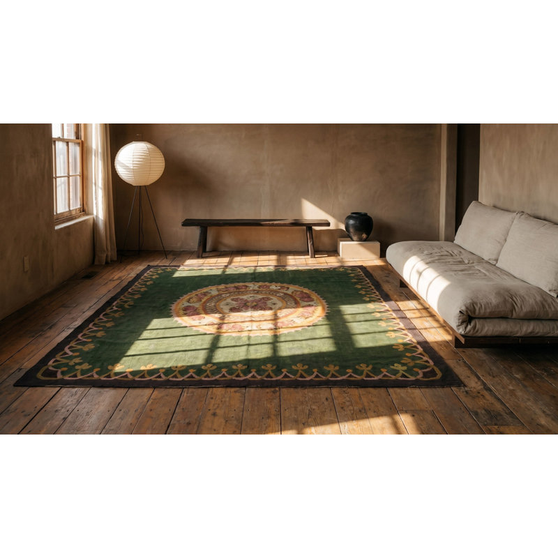 Green Antique  First Empire Floral Medallion Design French Aubusson Rug