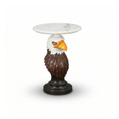 Eagle Accent Table, Animal Statue End Table Living Room - Rustic Resin Eagle Head Design with Faux Marble Top, Home Decor