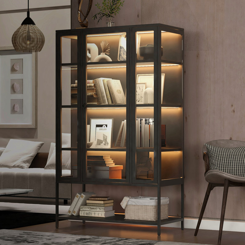 Iron Display Cabinet With Glass Door And Led Lights Steel Curio Cabinet For Collectibles Figures Trophies 3-Sided Glass Display Case For Home Office Study Room Stores Playroom - Black