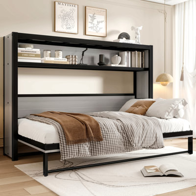 Twin Size Murphy Bed With Shelves, Metal Wall Bed With Foldable And Space-Saving Design