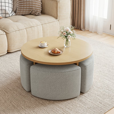 Square Maple Coffee Table with 4 Gray Nesting Chenille Stools
