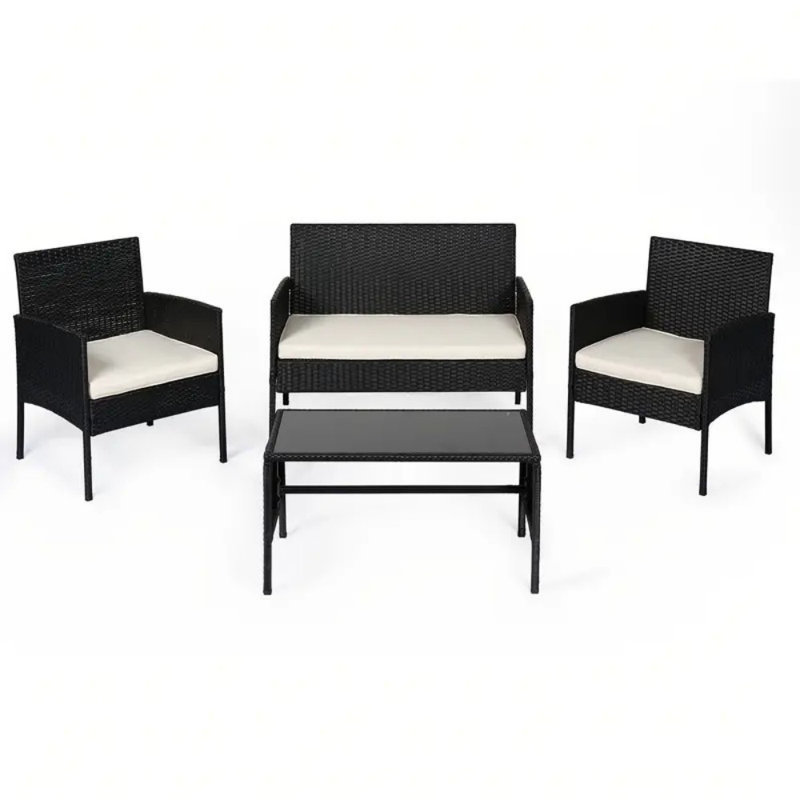 Ensemble de conversation de patio en osier 4 pièces, canapés d'extérieur en rotin avec ensemble de table, ensemble de mobilier de patio avec coussins moelleux et table basse en verre trempé pour balcon près de la piscine