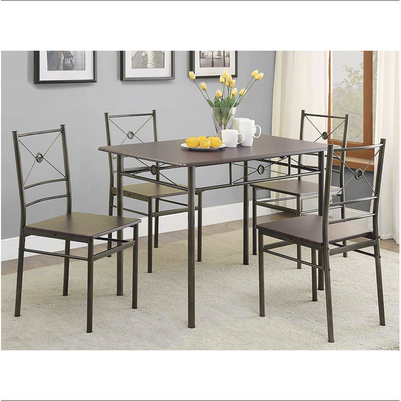 Walnut and Dark Bronze 5-Piece Rectangle Dining Set, Brown