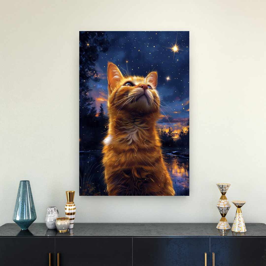 Orange Cat Stargazing Dreamy Peaceful Serene Cat Forest Landscape Wall Art Print