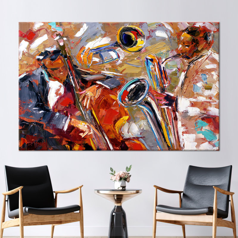 Abstract Jazz Music Canvas Art Featuring Saxophone and African American Ethnic Elements, Wrapped Canvas, 40 cm H x 60 cm W