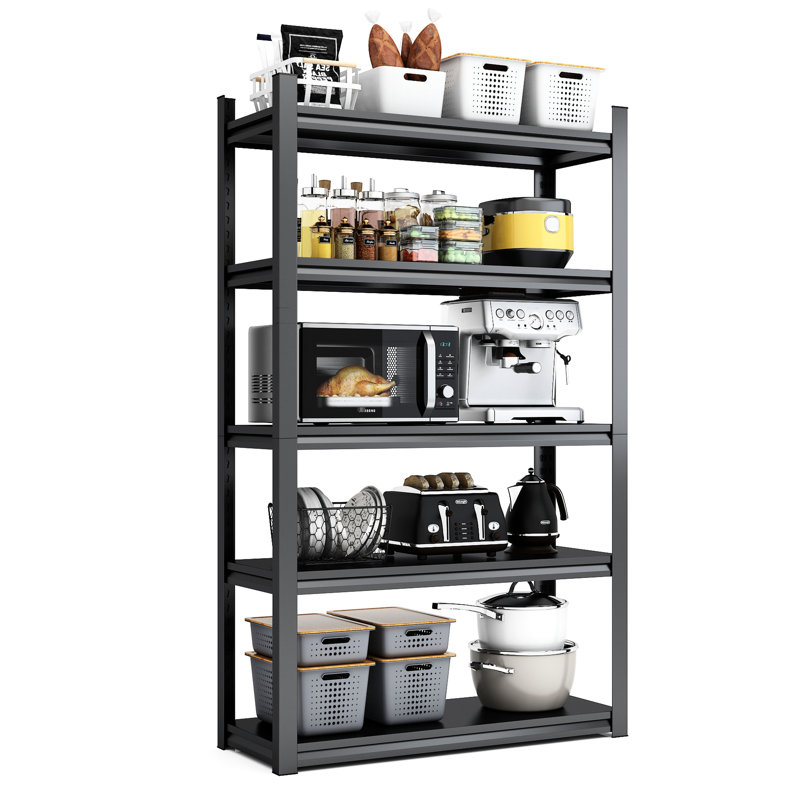 Étagère robuste à 5 niveaux en métal - H 78 po, capacité de 2000 lb, noir réglable et tablettes noires, H 78 po pour salle de sport, salon, noir