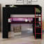 Lit mezzanine avec bureau de jeu, étagères, bande lumineuse et borne de recharge pour chambres à coucher peu encombrantes-1256932782