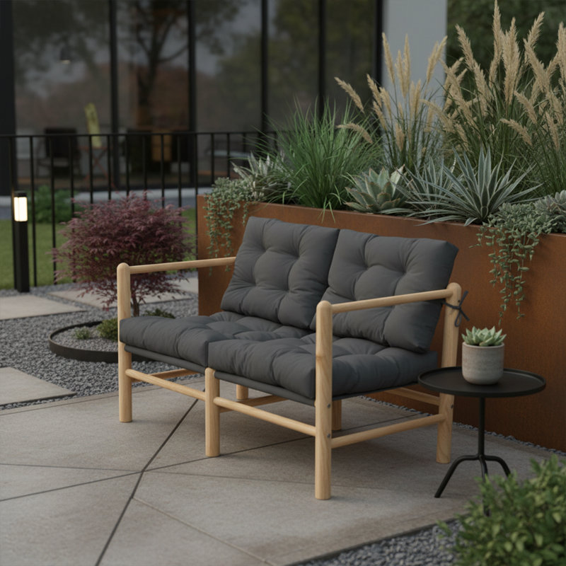 Canapé d'extérieur en bois de châtaignier 2 places avec coussins hydrofuges, Anthracite