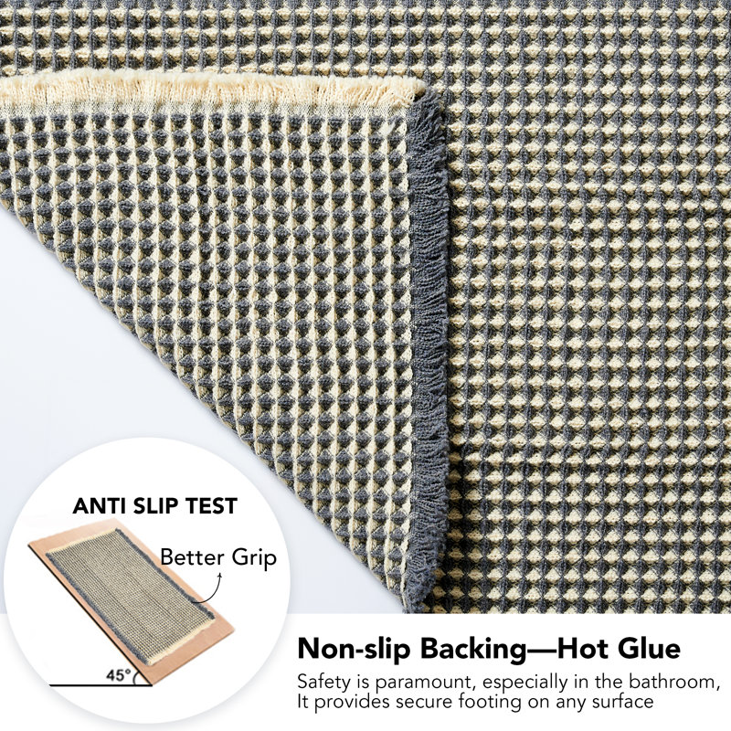 Upgraded Waffle Super Absorbent Non Slip Bath Rugs with Tassels for Bathroom Floor, 18"W x 30"L, Yellow/Gray