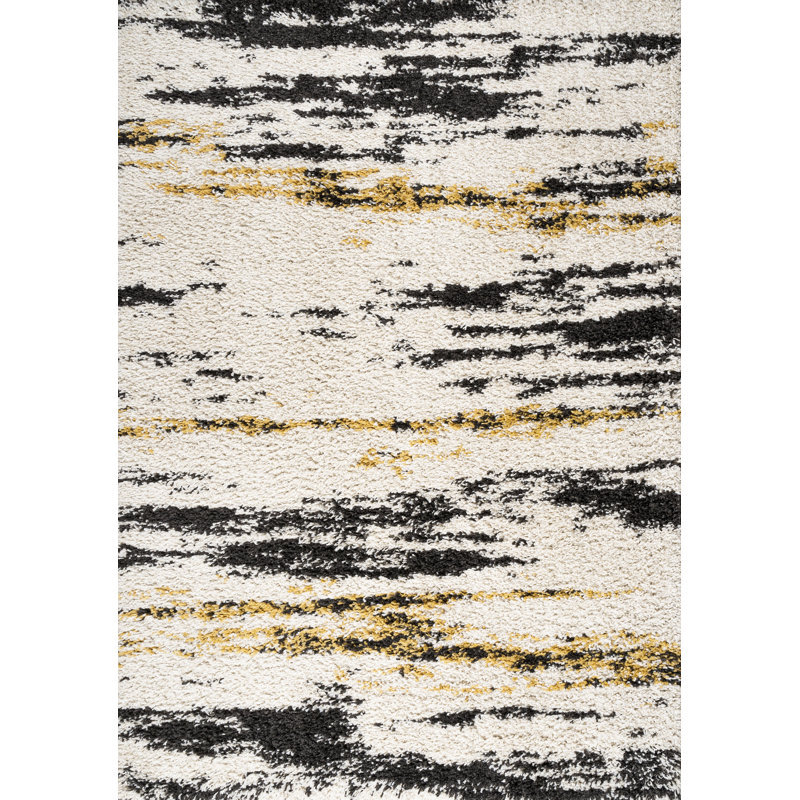 Jubei Modern Bold Strie' Shag Beige/Black/Yellow Rug, Rectangle 3' x 5'