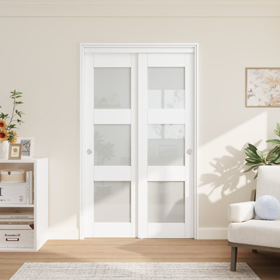 80"H 3-Lite Frosted Glass MDF Sliding Closet & Pantry Doors with Full Hardware &  Pre-Installed Handles